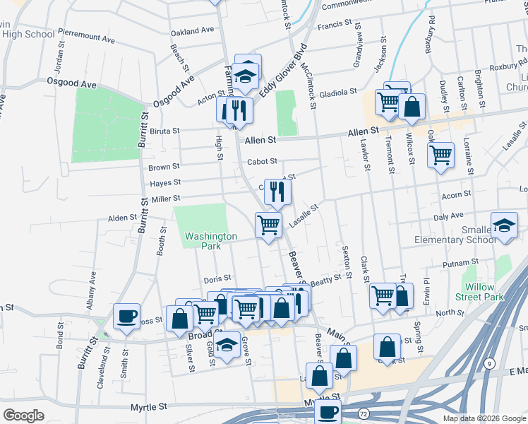 map of restaurants, bars, coffee shops, grocery stores, and more near 29 Farmington Avenue in New Britain