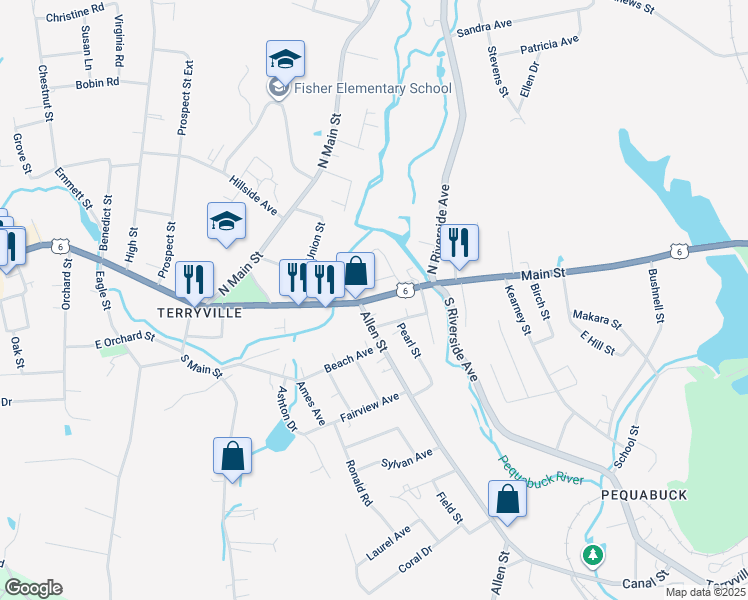 map of restaurants, bars, coffee shops, grocery stores, and more near 134 Main Street in Plymouth