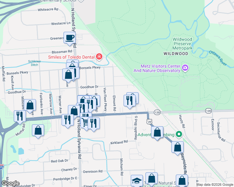 map of restaurants, bars, coffee shops, grocery stores, and more near 3238 Elmont Road in Toledo