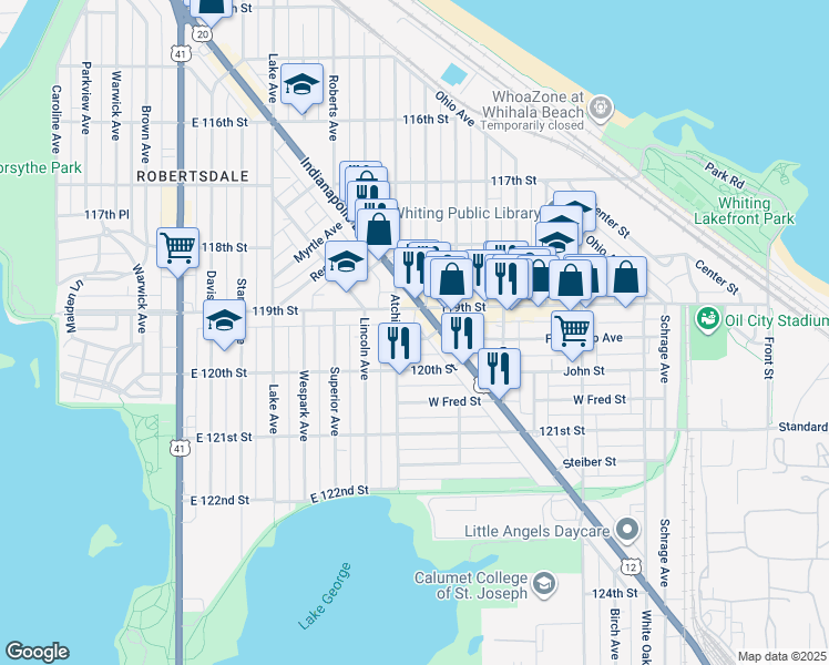 map of restaurants, bars, coffee shops, grocery stores, and more near 1202 119th Street in Whiting
