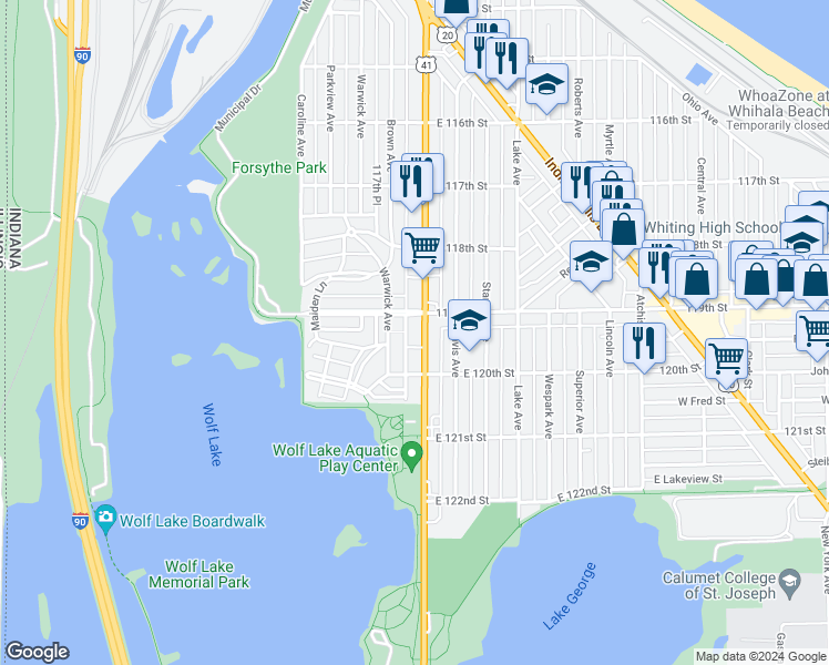 map of restaurants, bars, coffee shops, grocery stores, and more near 1901 Calumet Avenue in Whiting