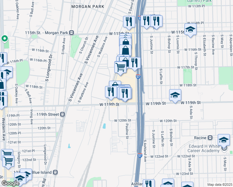 map of restaurants, bars, coffee shops, grocery stores, and more near 11840 South Marshfield Avenue in Chicago