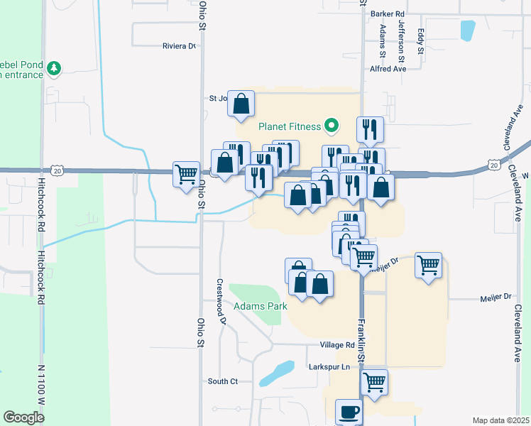 map of restaurants, bars, coffee shops, grocery stores, and more near 210 Dunes Plaza in Michigan City