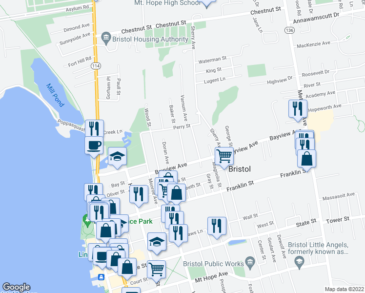map of restaurants, bars, coffee shops, grocery stores, and more near Thompson Avenue in Bristol