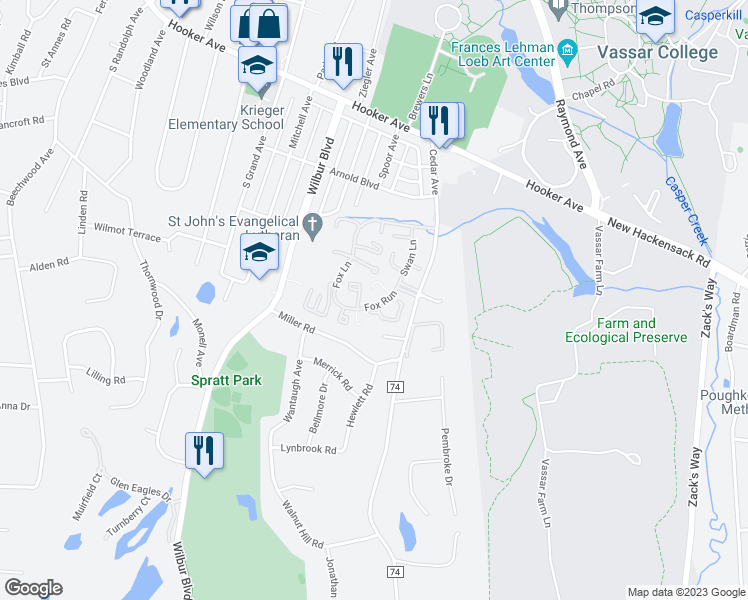 map of restaurants, bars, coffee shops, grocery stores, and more near 1001 Fox Lane in Poughkeepsie