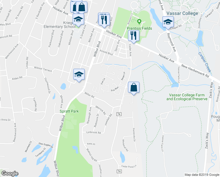 map of restaurants, bars, coffee shops, grocery stores, and more near 1802 Fox Lane in Poughkeepsie
