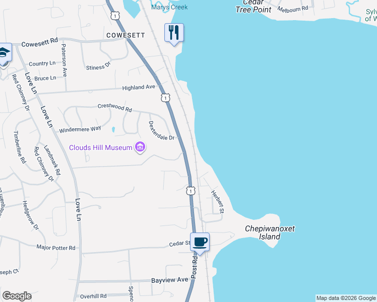 map of restaurants, bars, coffee shops, grocery stores, and more near 4156 Post Road in East Greenwich
