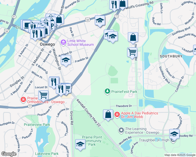 map of restaurants, bars, coffee shops, grocery stores, and more near 97 Wilmette Drive in Oswego