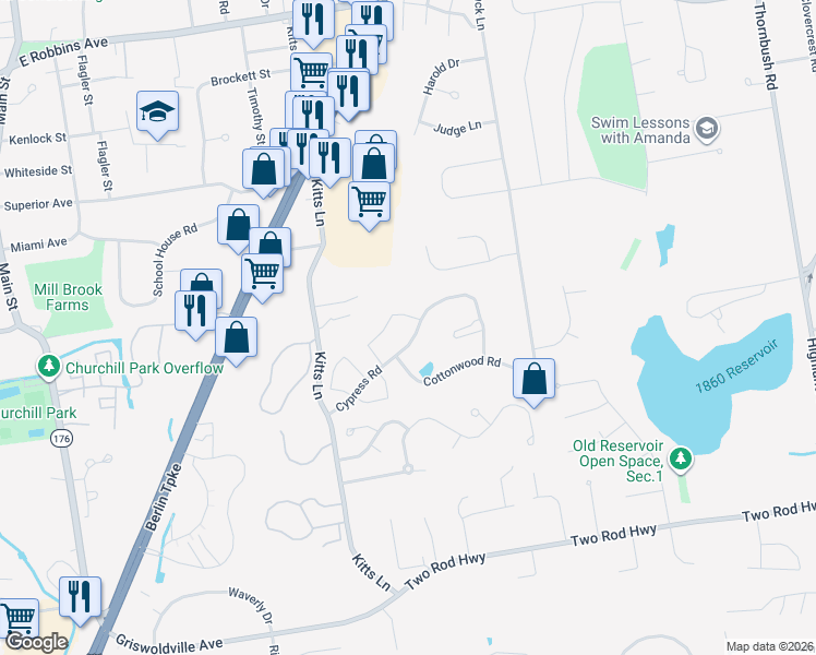 map of restaurants, bars, coffee shops, grocery stores, and more near 378 Cypress Road in Newington