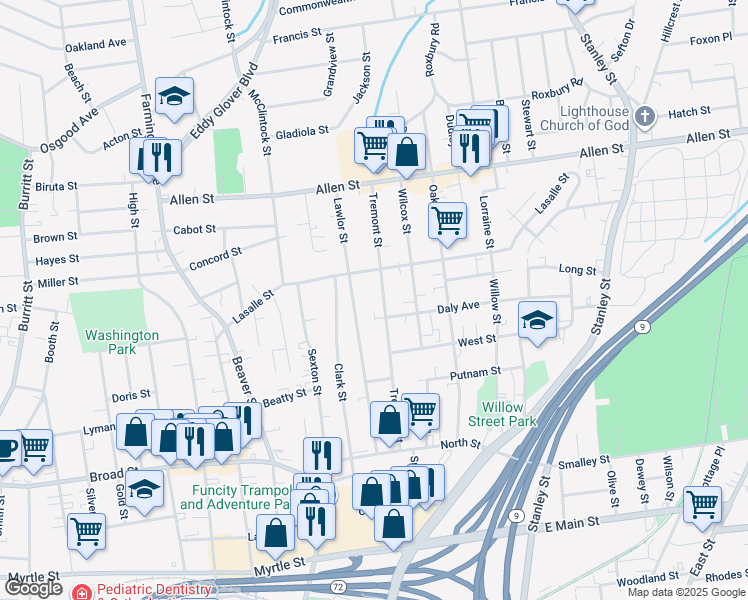 map of restaurants, bars, coffee shops, grocery stores, and more near 190 Tremont Street in New Britain