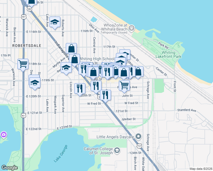 map of restaurants, bars, coffee shops, grocery stores, and more near 1335 119th Street in Whiting
