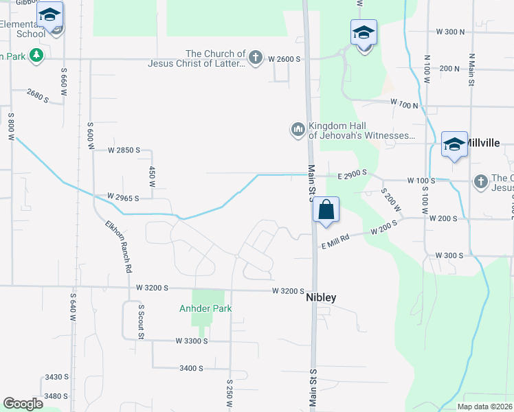 map of restaurants, bars, coffee shops, grocery stores, and more near 3010 South 265 West in Nibley
