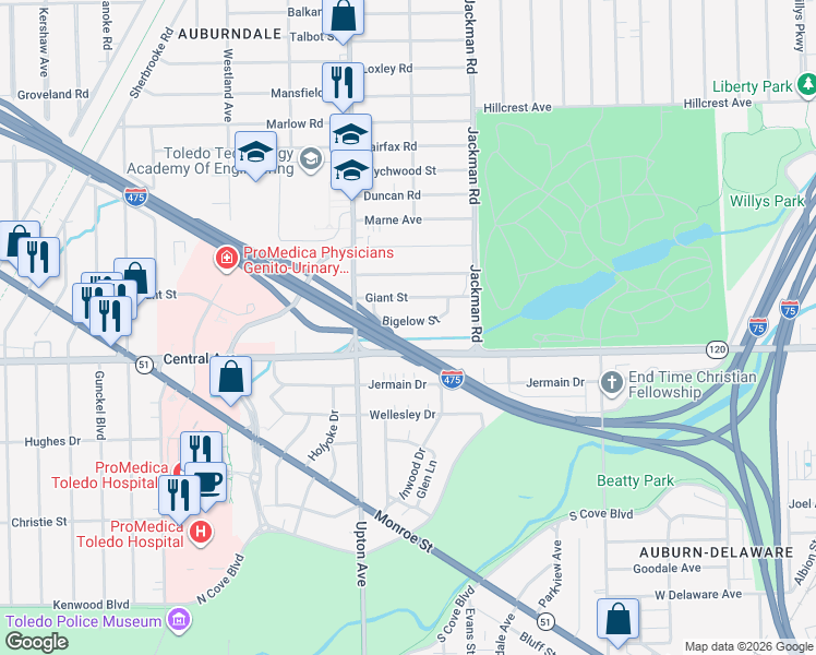 map of restaurants, bars, coffee shops, grocery stores, and more near 1822 Bigelow Street in Toledo