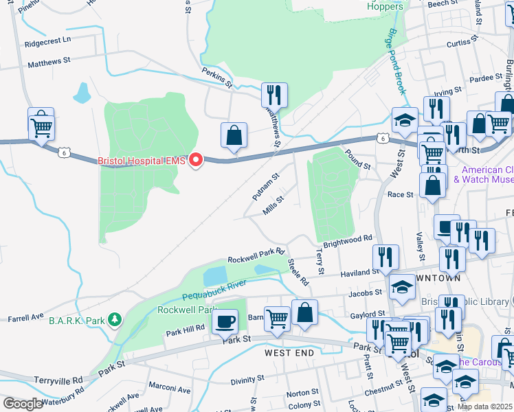 map of restaurants, bars, coffee shops, grocery stores, and more near 87 Putnam Street in Bristol
