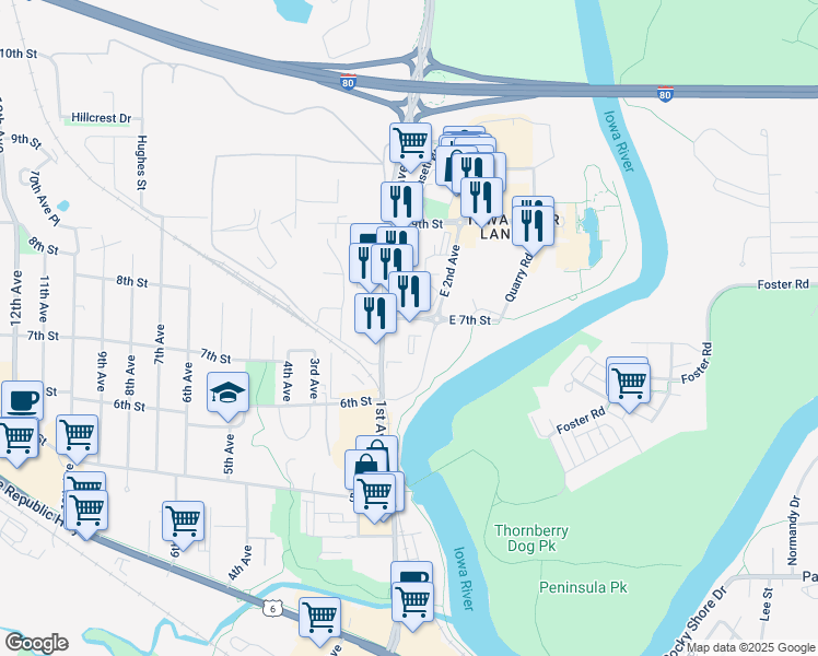 map of restaurants, bars, coffee shops, grocery stores, and more near 702 East 2nd Avenue in Coralville