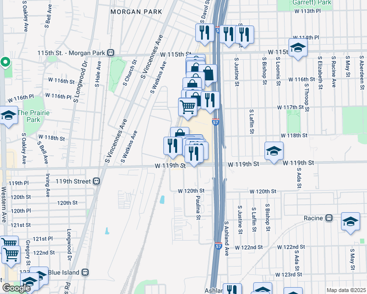 map of restaurants, bars, coffee shops, grocery stores, and more near 11840 South Marshfield Avenue in Chicago