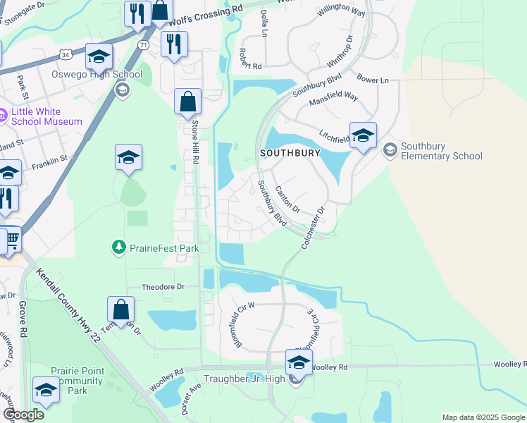 map of restaurants, bars, coffee shops, grocery stores, and more near Shadow Court in Oswego