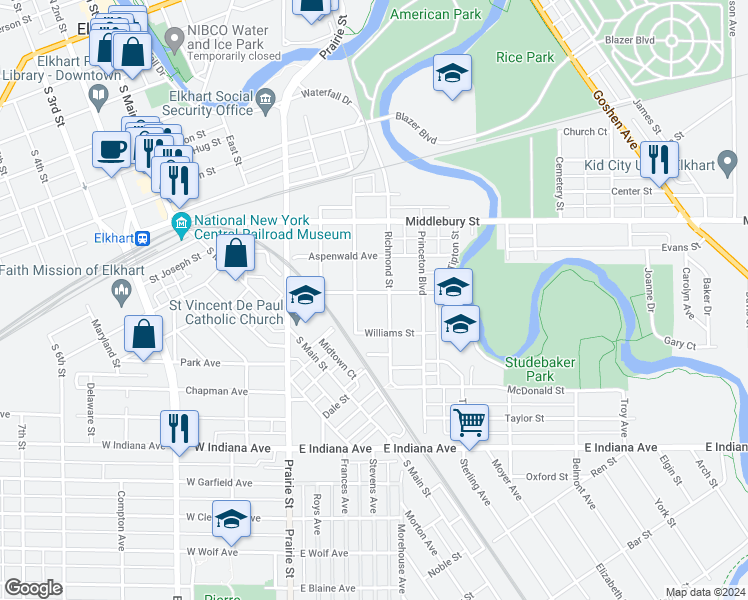 map of restaurants, bars, coffee shops, grocery stores, and more near 517 Charles Street in Elkhart