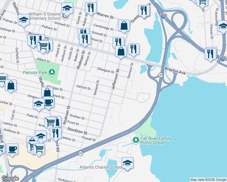 map of restaurants, bars, coffee shops, grocery stores, and more near 263 Denver Street in Fall River