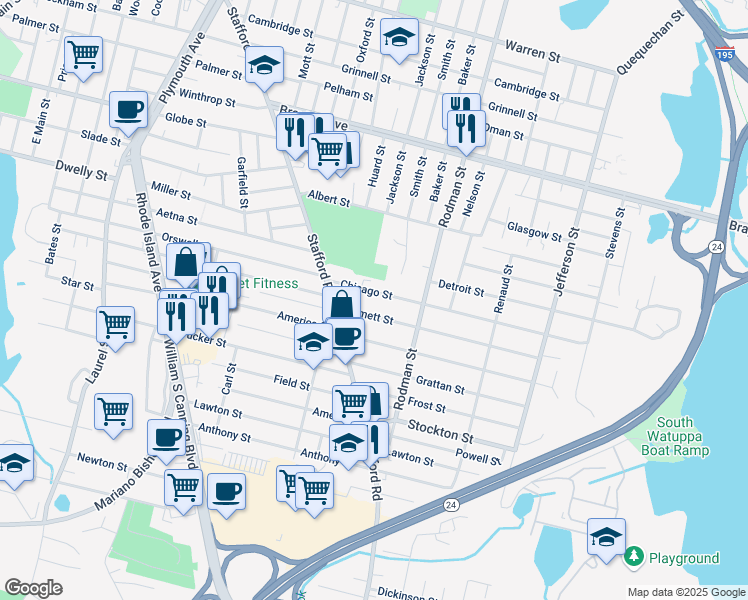 map of restaurants, bars, coffee shops, grocery stores, and more near 94 Chicago Street in Fall River