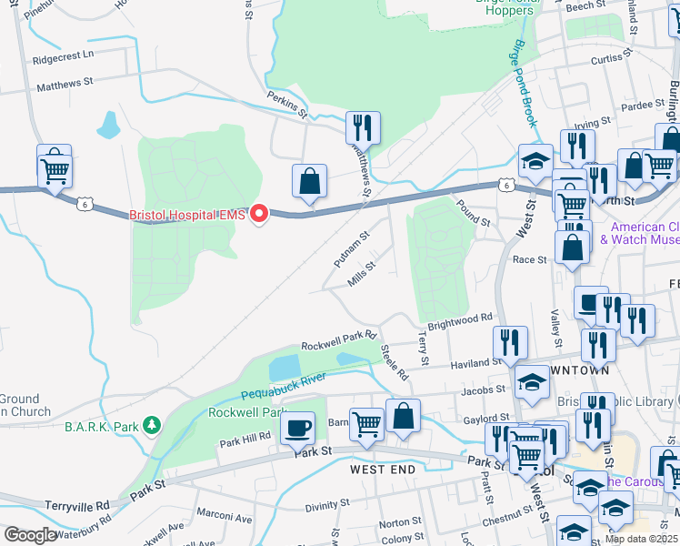 map of restaurants, bars, coffee shops, grocery stores, and more near 87 Putnam Street in Bristol