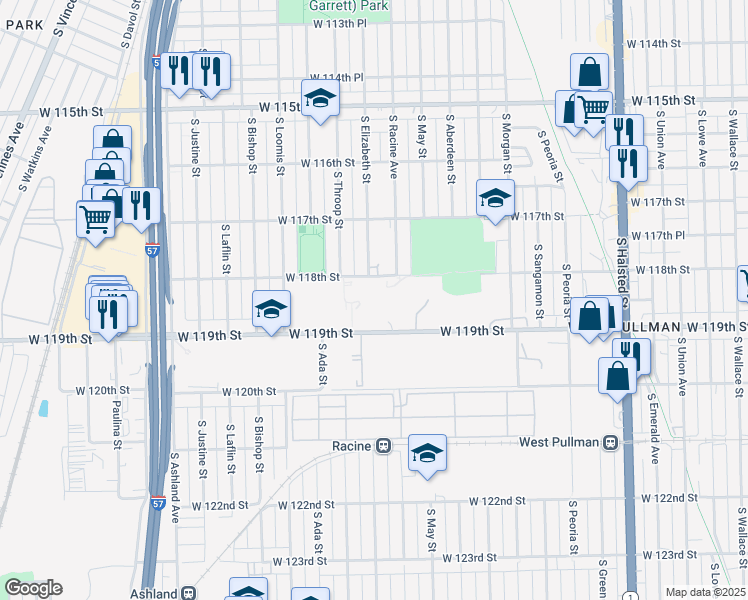 map of restaurants, bars, coffee shops, grocery stores, and more near 11801 South Elizabeth Street in Chicago