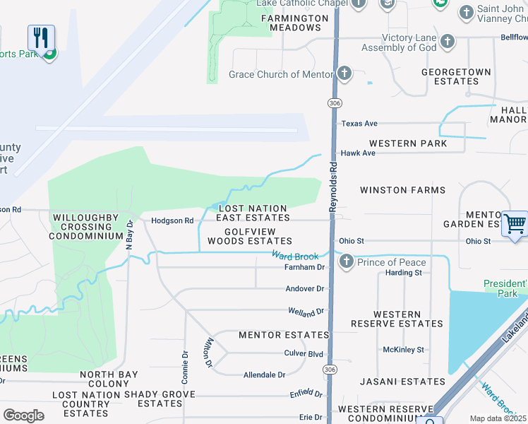 map of restaurants, bars, coffee shops, grocery stores, and more near 7235 Hodgson Road in Mentor