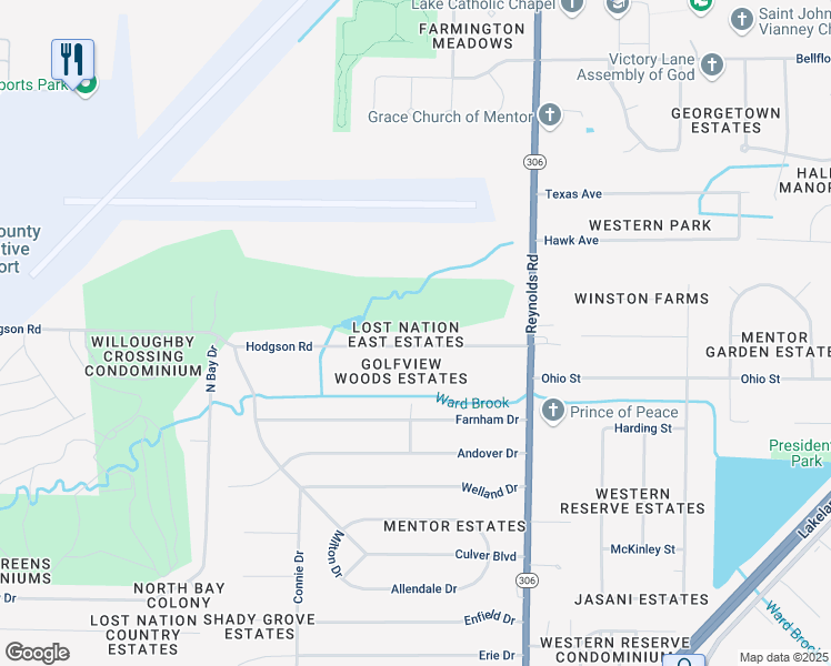 map of restaurants, bars, coffee shops, grocery stores, and more near 7235 Hodgson Road in Mentor
