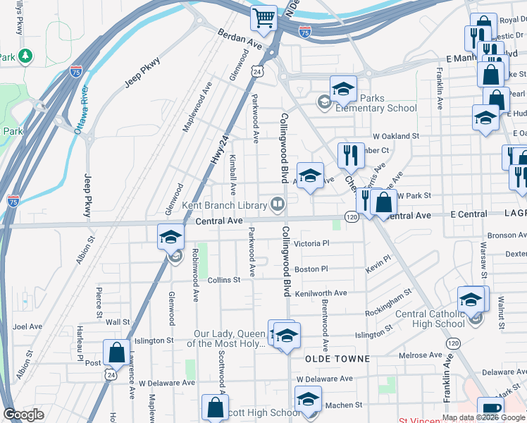 map of restaurants, bars, coffee shops, grocery stores, and more near 3123 Parkwood Avenue in Toledo