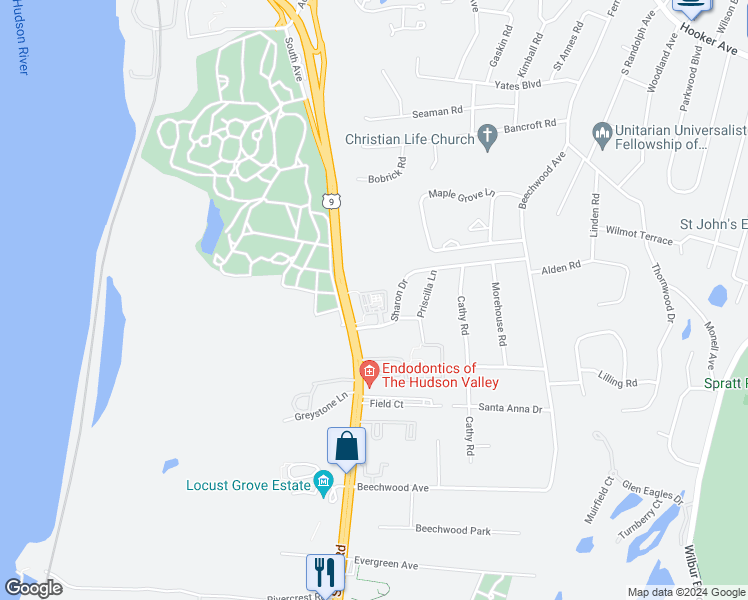 map of restaurants, bars, coffee shops, grocery stores, and more near 2760 South Road in Poughkeepsie