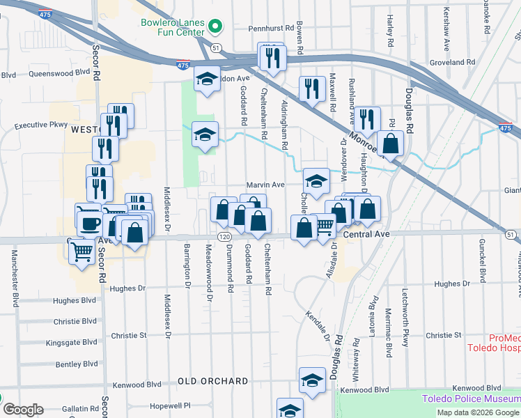 map of restaurants, bars, coffee shops, grocery stores, and more near 3151 Cheltenham Road in Toledo