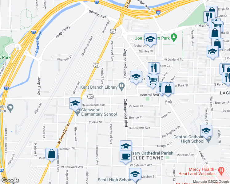 map of restaurants, bars, coffee shops, grocery stores, and more near 3114 Parkwood Avenue in Toledo