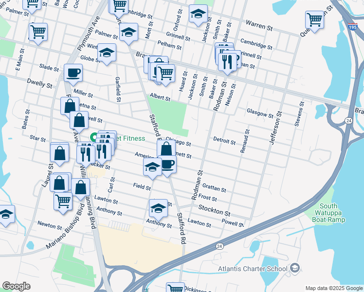 map of restaurants, bars, coffee shops, grocery stores, and more near 94 Chicago Street in Fall River