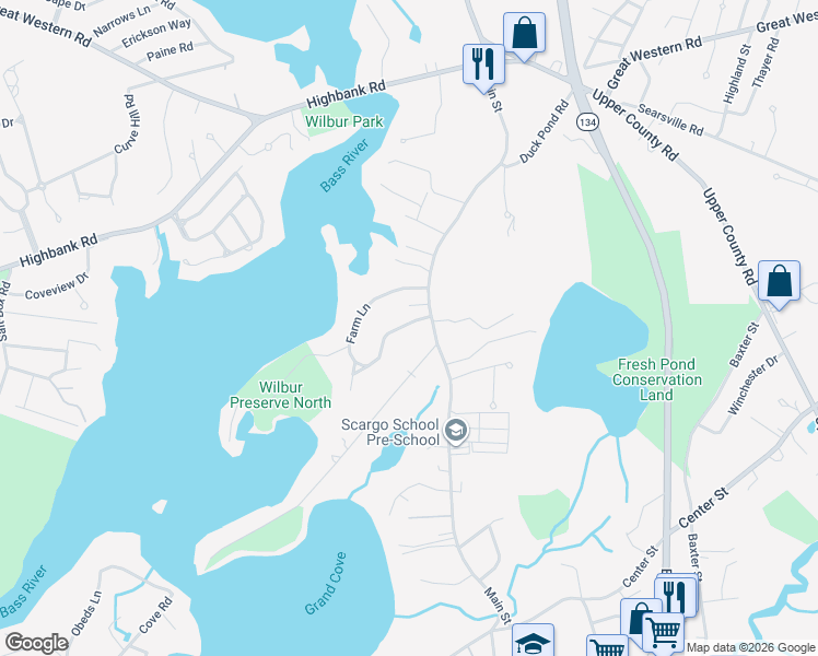 map of restaurants, bars, coffee shops, grocery stores, and more near 11 Farm Lane in Dennis