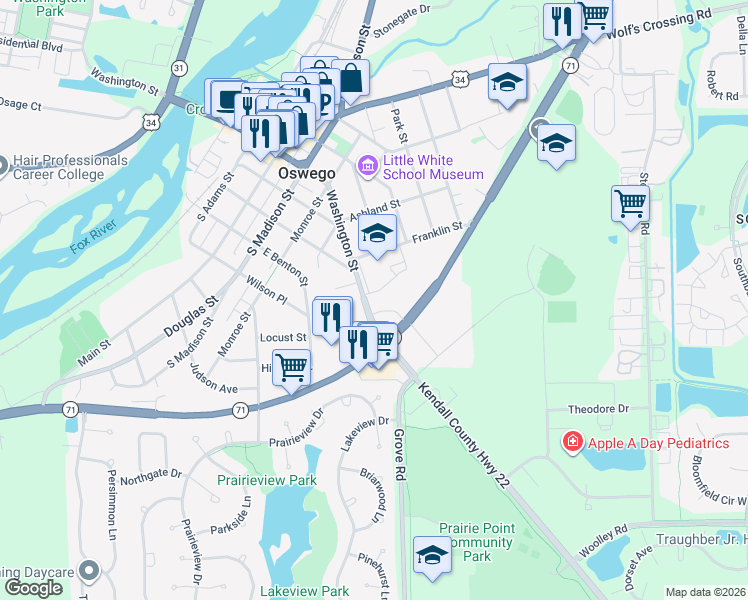 map of restaurants, bars, coffee shops, grocery stores, and more near 206 East Washington Street in Oswego