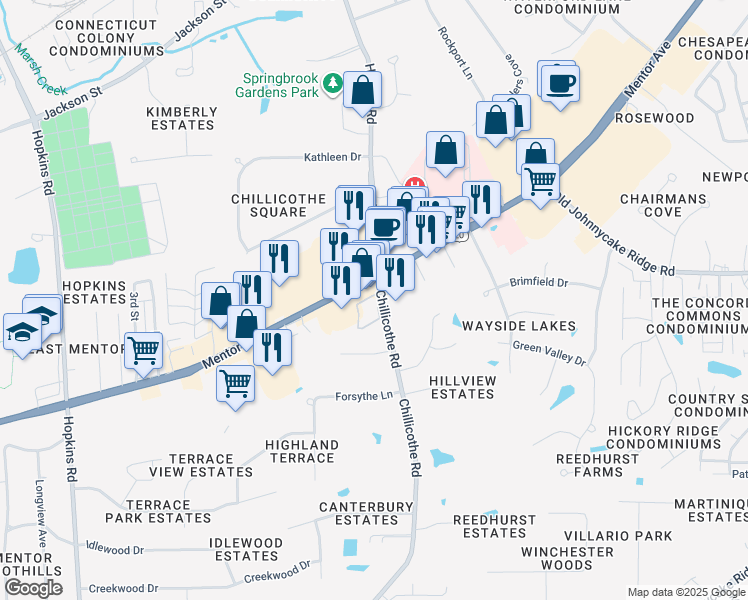 map of restaurants, bars, coffee shops, grocery stores, and more near 7050 Chillicothe Road in Mentor