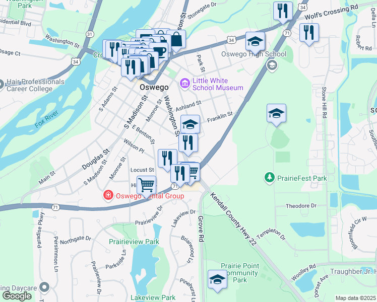 map of restaurants, bars, coffee shops, grocery stores, and more near 206 East Washington Street in Oswego
