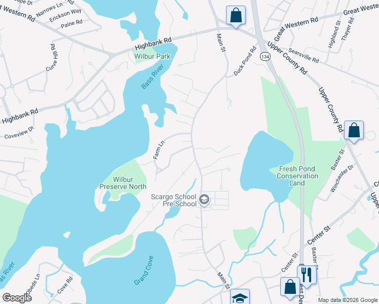 map of restaurants, bars, coffee shops, grocery stores, and more near 11 Farm Lane in Dennis