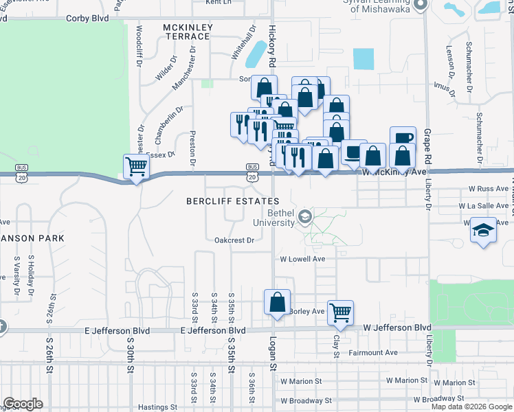 map of restaurants, bars, coffee shops, grocery stores, and more near 237 Timber Lane in South Bend