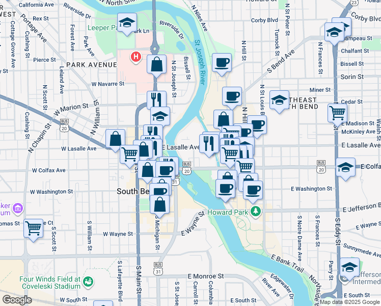 map of restaurants, bars, coffee shops, grocery stores, and more near 230 Sycamore Street in South Bend
