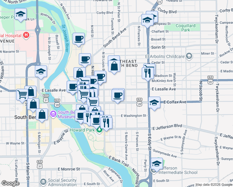 map of restaurants, bars, coffee shops, grocery stores, and more near 226 North Saint Peter Street in South Bend