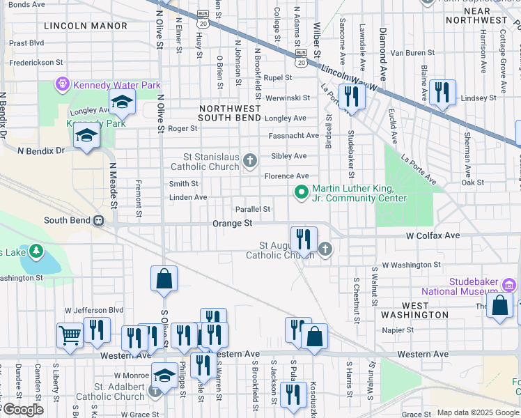 map of restaurants, bars, coffee shops, grocery stores, and more near 1899 Parallel St in South Bend