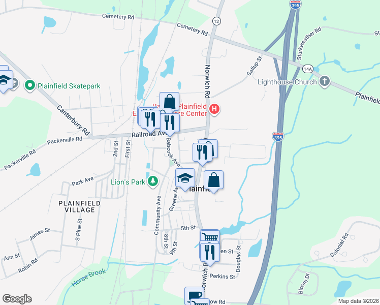 map of restaurants, bars, coffee shops, grocery stores, and more near 2 Center Street in Plainfield