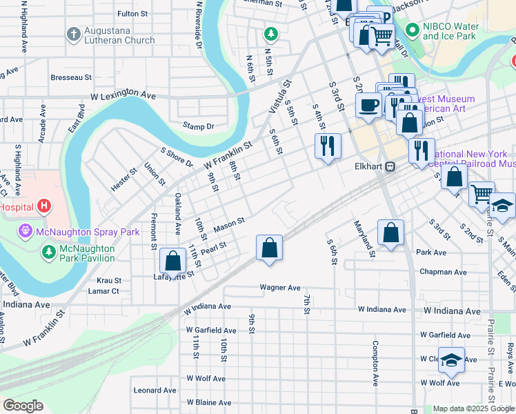 map of restaurants, bars, coffee shops, grocery stores, and more near 718 Mason Street in Elkhart