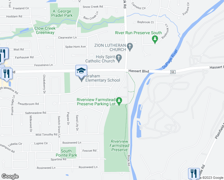 map of restaurants, bars, coffee shops, grocery stores, and more near 5104 Coneflower Drive in Naperville