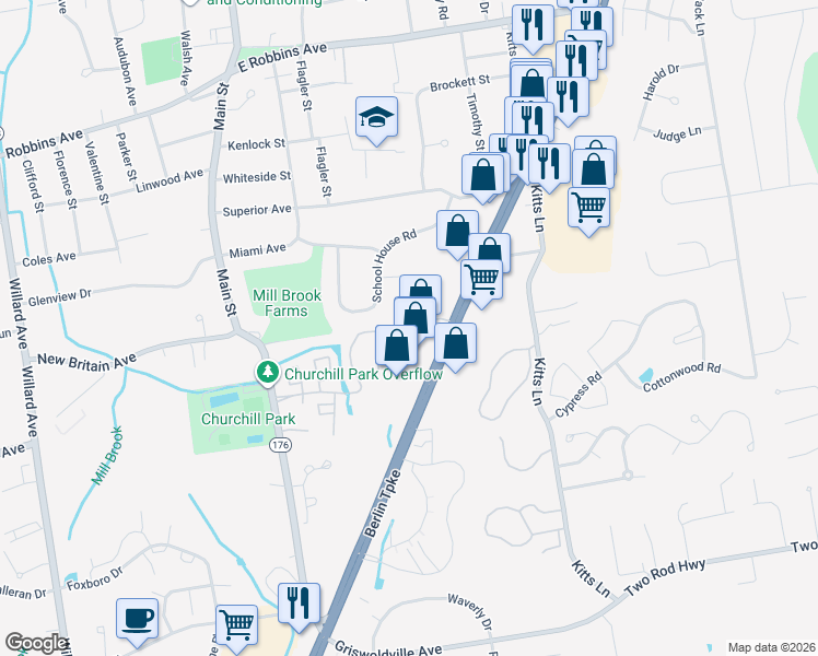 map of restaurants, bars, coffee shops, grocery stores, and more near 705 Churchill Drive in Newington