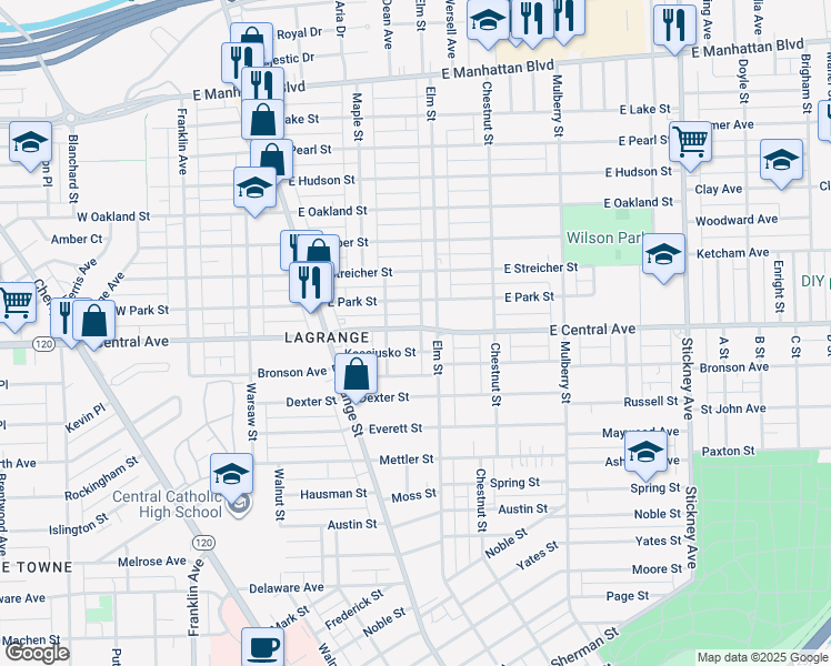 map of restaurants, bars, coffee shops, grocery stores, and more near 3101 Elm Street in Toledo