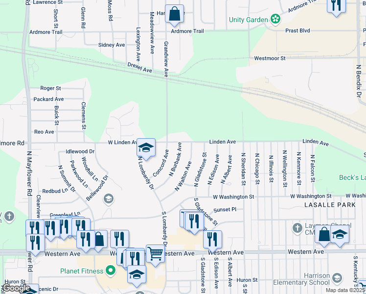 map of restaurants, bars, coffee shops, grocery stores, and more near 4400-4450 West Linden Avenue in South Bend
