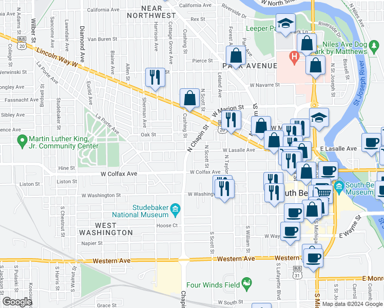 map of restaurants, bars, coffee shops, grocery stores, and more near 722 West La Salle Avenue in South Bend