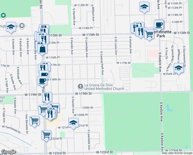 map of restaurants, bars, coffee shops, grocery stores, and more near 11759 South Millard Avenue in Chicago